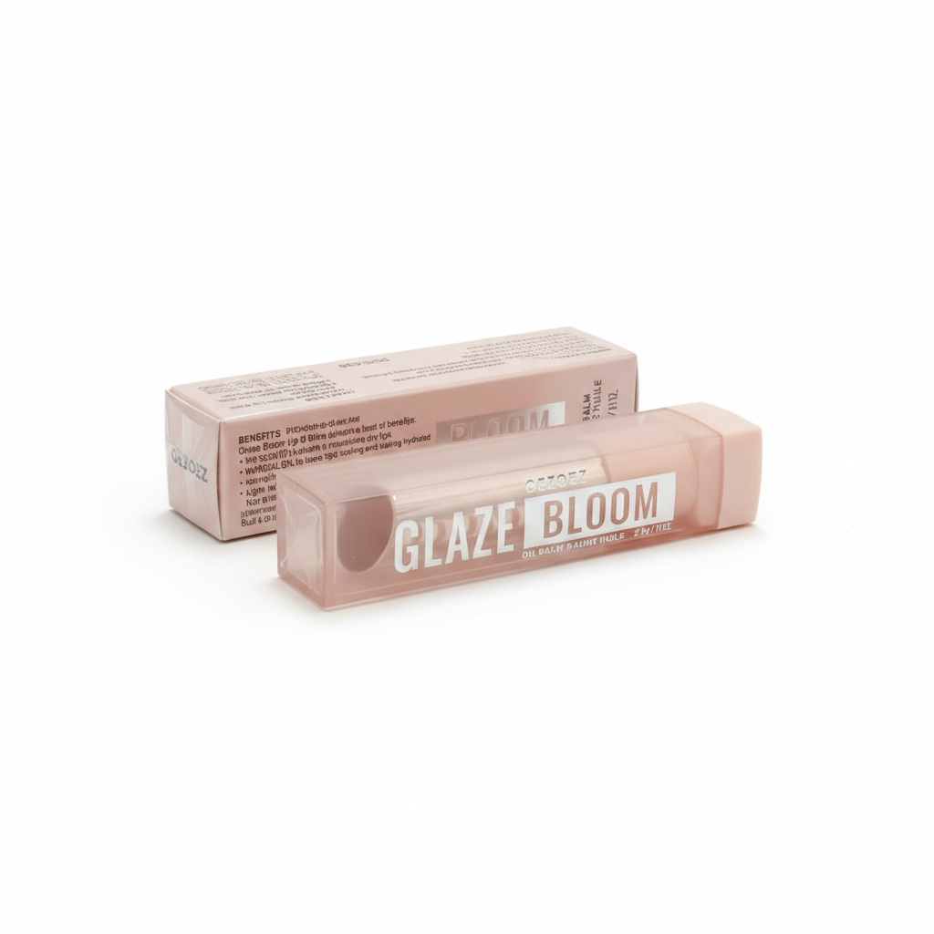 "Oezoez Glaze Bloom Oil Balm flat lay – Nourishing oil blend lip care"