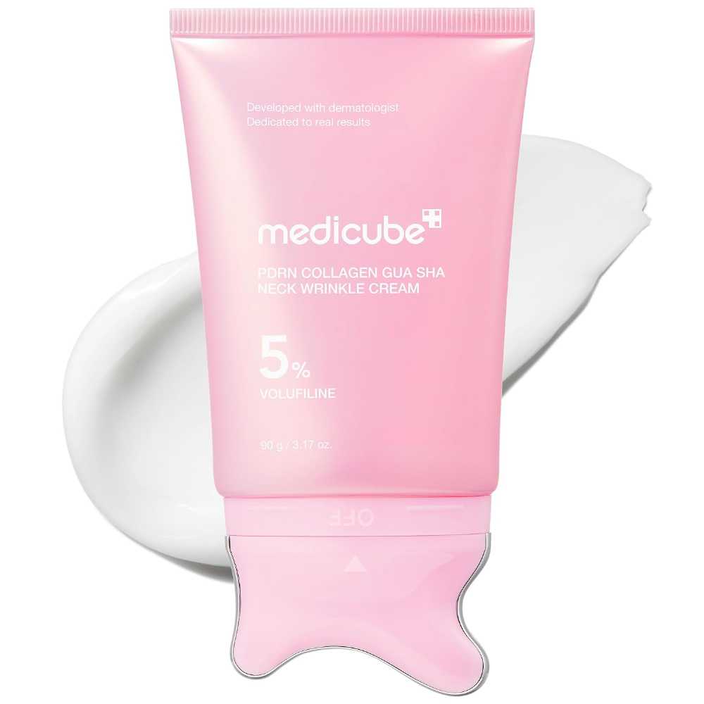 Image descriMedicube Neck Wrinkle Cream 90g with built-in gua sha applicator for neck firmingption
