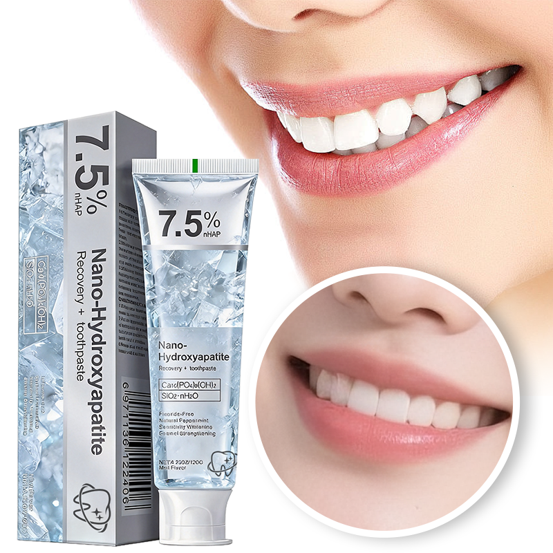 A tube and box of DILMIR nano-hydroxyapatite toothpaste with 7.5% nHAP shown next to a close-up of a smiling mouth with white teeth