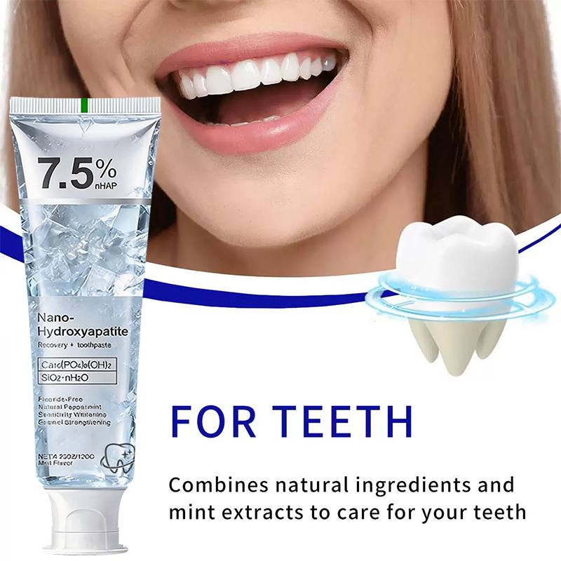 A tube of toothpaste is shown on a white promotional graphic with a close-up of a smiling woman's mouth at the top, a white tooth illustration with a blue ring at right, and text reading '7.5% nHAP', 'FOR TEETH', and 'Combines natural ingredients and mint extracts to care for your teeth.'