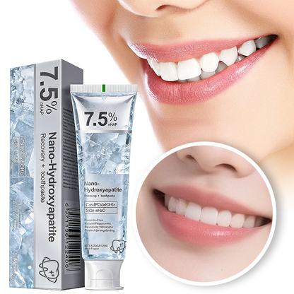 A tube and box of nano-hydroxyapatite toothpaste with 7.5% NPo3 are shown next to a close-up of a smiling mouth with white teeth, and a circular inset shows a detailed view of the teeth.