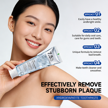 A woman holding a tube of toothpaste against a light gray background, with promotional text on the right detailing benefits such as healthy smile, daily oral care, bad breath removal, and cleaner teeth. The product is labeled 7.